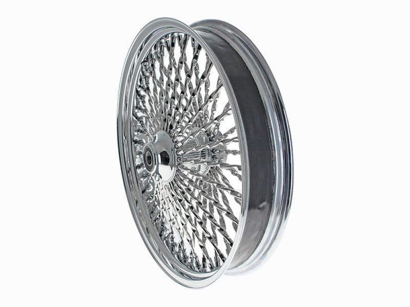 Polished chromed motorcycle spoked wheel for custom bikes and restorations.