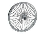 Shiny chrome motorcycle wheel with intricate spoke design for custom bikes.