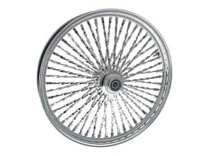 Shiny chrome motorcycle wheel with intricate spoke design for custom bikes.