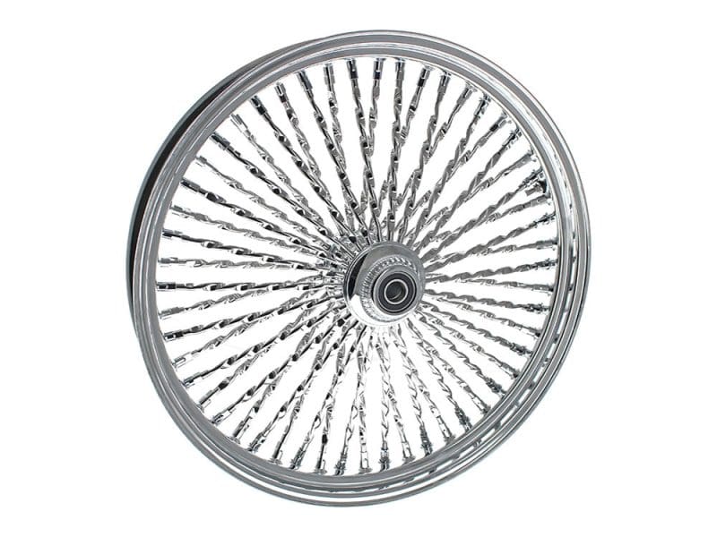 23in. x 3.5in. Cali Fat Spoke Front Wheel - Chrome. Fits Softail Heritage 2011up Shiny chrome motorcycle wheel with intricate spoke design for custom bikes.