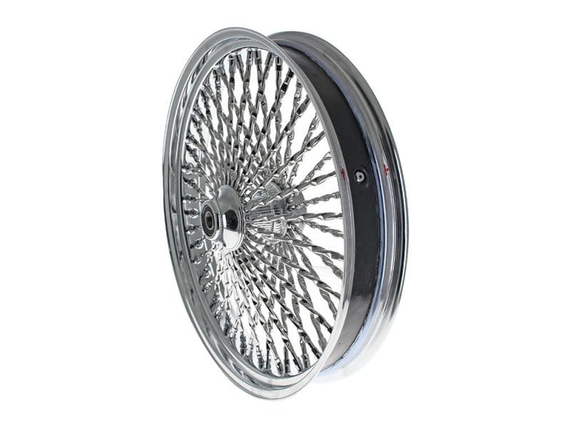 Highly polished chrome motorcycle spoked wheel for custom bikes at Revelry Motorcycles, Melbourne.