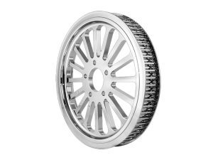 High-performance motorcycle wheel with sleek silver finish for Revelry Motorcycles enthusiasts.