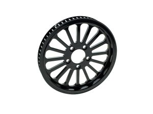 Black motorcycle wheel with multi-spoke design and modern aesthetic.