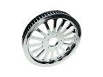 Shiny chrome motorcycle wheel with multi-spoke design for cruisers and custom bikes.