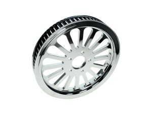 Shiny chrome motorcycle wheel with multi-spoke design for cruisers and custom bikes.