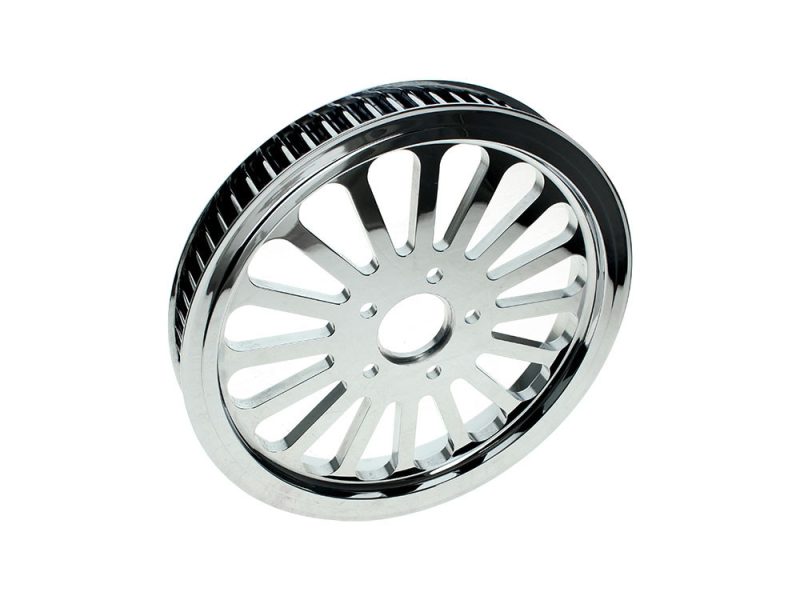 Shiny chrome motorcycle wheel with multi-spoke design for cruisers and custom bikes.