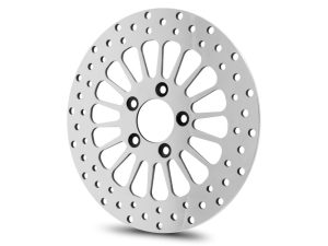 Aluminium motorcycle brake disc with drilled holes for enhanced performance and safety.