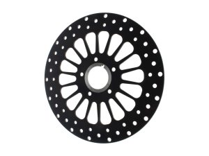 High-performance motorcycle brake disc, CNC machined, black finish, suitable for custom bikes.