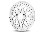 Lightweight motorcycle brake disc with drilled holes for enhanced performance and cooling.