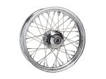 High-quality chrome motorcycle wheel with spokes for Harley Davidson bikes.