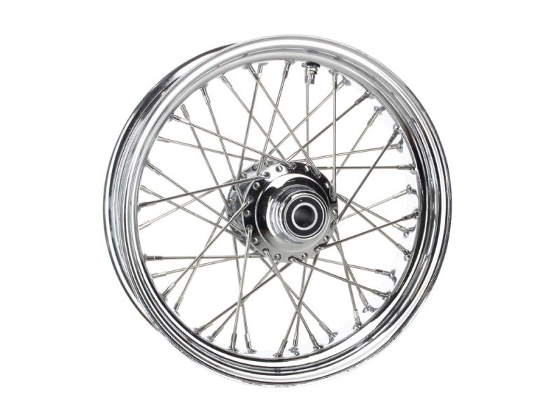 High-quality chrome motorcycle wheel with spokes for Harley Davidson bikes.