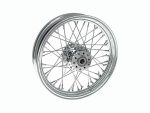 Shiny motorcycle wheel with spokes and hub for custom Revelry Motorcycles builds.