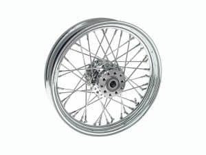 Shiny motorcycle wheel with spokes and hub for custom Revelry Motorcycles builds.