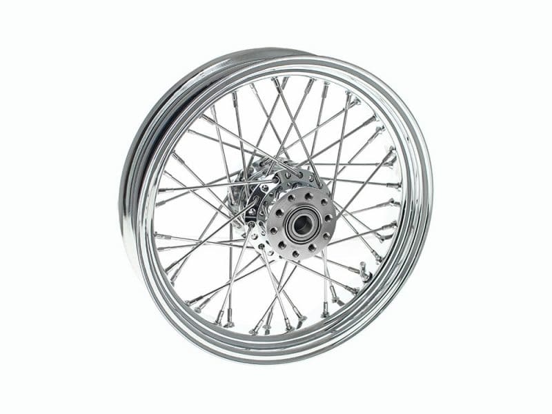 Shiny motorcycle wheel with spokes and hub for custom Revelry Motorcycles builds.