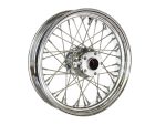 Chrome motorcycle spoked wheel with hub for Revelry Motorcycles.
