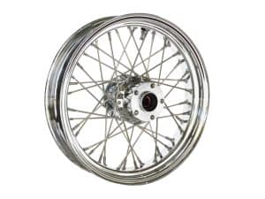 Chrome motorcycle spoked wheel with hub for Revelry Motorcycles.
