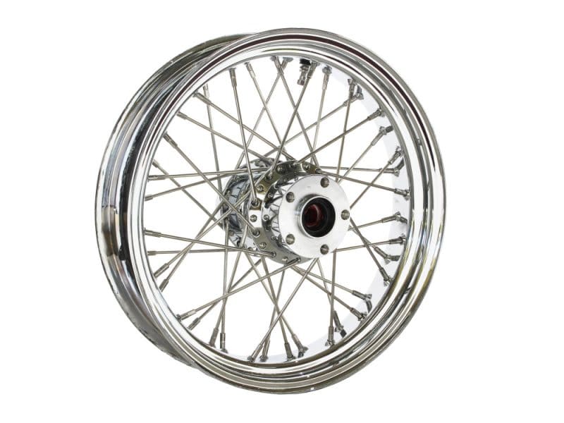 Chrome motorcycle spoked wheel with hub for Revelry Motorcycles.