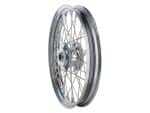 Austere motorcycle wheel with spokes for vintage custom bikes.