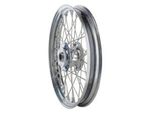 Austere motorcycle wheel with spokes for vintage custom bikes.