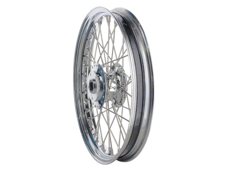 19in. x 2.15in. Front 40 Spoke Cross Laced Wheel - Chrome. Fits Narrow Glide Dyna 1991-1999 Austere motorcycle wheel with spokes for vintage custom bikes.