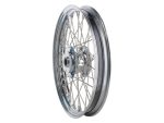 Spoked motorcycle wheel with chrome finish, perfect for custom bike builds.