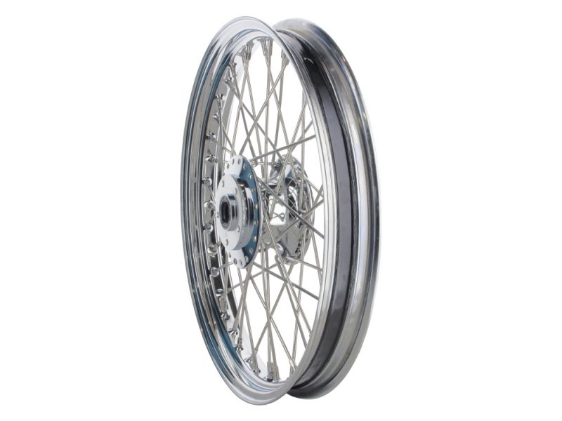 Spoked motorcycle wheel with chrome finish, perfect for custom bike builds.
