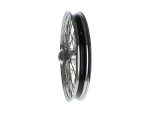 Chrome motorcycle wheel with spokes for custom Revelry Motorcycles builds.