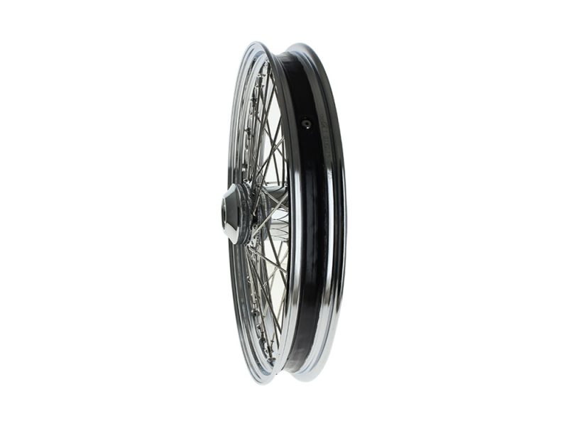 Chrome motorcycle wheel with spokes for custom Revelry Motorcycles builds.