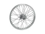 Chrome motorcycle wheel with spokes and hub, perfect for custom motorcycle builds.