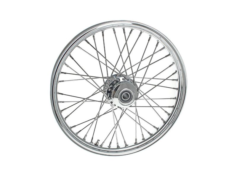 Chrome motorcycle wheel with spokes and hub, perfect for custom motorcycle builds.
