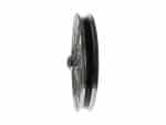 Aluminium motorcycle wheel with black rim and spokes for Harley Davidson bikes.