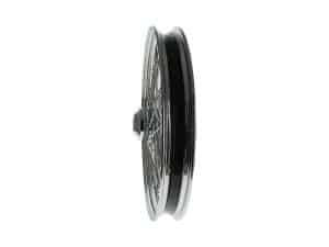 Aluminium motorcycle wheel with black rim and spokes for Harley Davidson bikes.