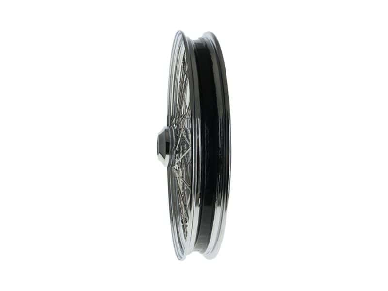Aluminium motorcycle wheel with black rim and spokes for Harley Davidson bikes.