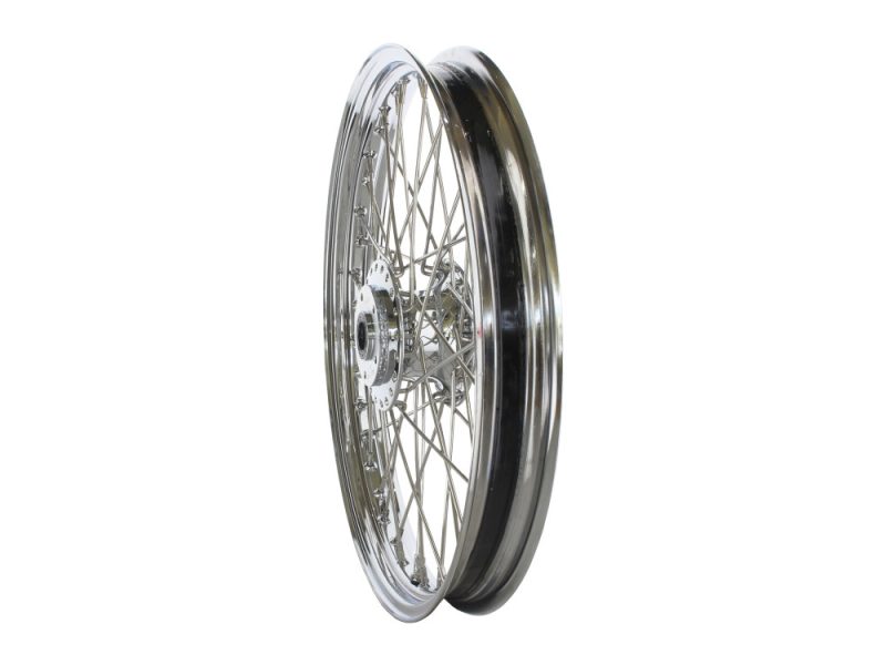 Shiny motorcycle wheel with spokes and disc brake, ideal for custom bikes.