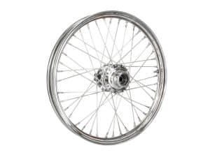 Shiny silver motorcycle wheel with spokes and hub for custom bike builds.