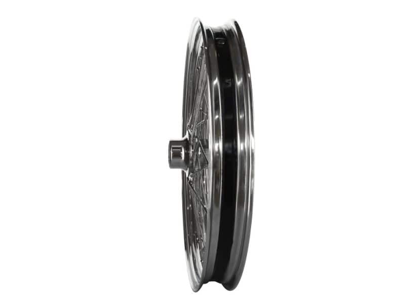 Stainless steel motorcycle wheel with spokes for Revelry Motorcycles custom bikes.