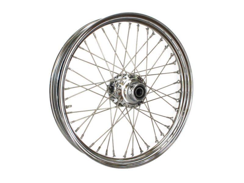 21in. x 3.5in. 40 Spoke Cross Laced Front Wheel - Chrome. Fits FX Softail 2011-2015 Spoked motorcycle wheel with chrome finish for custom bike builds.