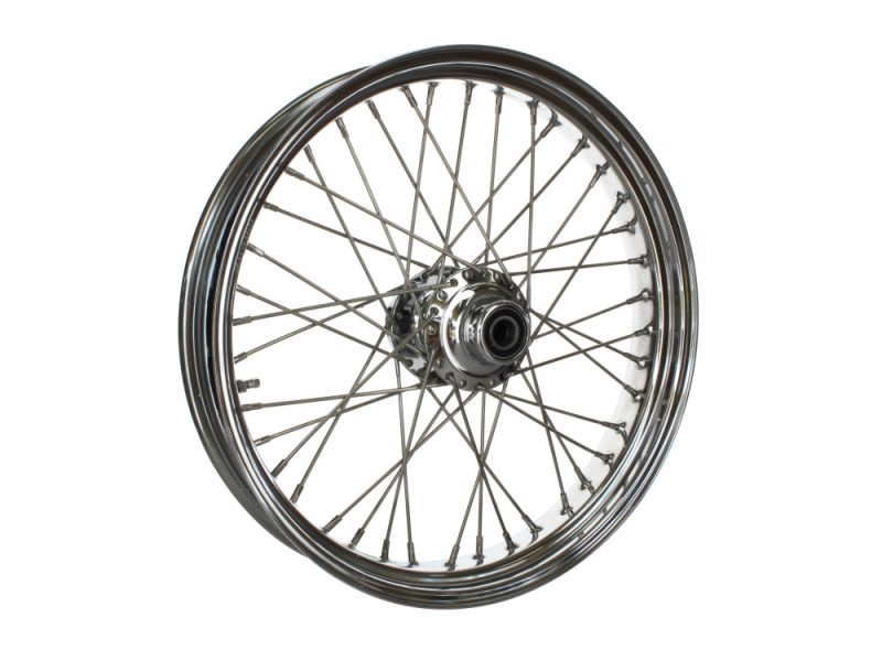 21in. x 3.5in. 40 Spoke Cross Laced Front Wheel - Chrome. Fits Softail Heritage 2011up Spoke wheel for custom motorcycle builds, high-quality alloy motorcycle wheel with spokes.