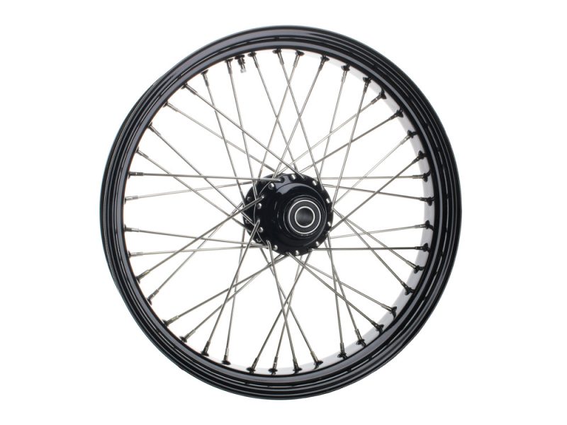 21in. x 3.5in. 40 Spoke Cross Laced Front Wheel - Gloss Black & Chrome. Fits Softail Heritage 2011up High-quality motorcycle spoked wheel for Harley Davidson bikes at Revelry Motorcycles.