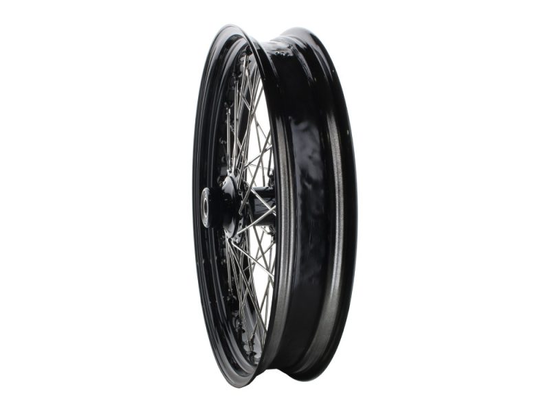 High-quality black motorcycle wheel for custom Revelry Motorcycles builds in Australia.