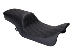 Comfortable quilted black motorcycle seat for cruisers and custom bikes.
