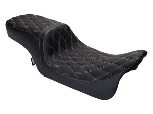 Premium black motorcycle seat with diamond stitching for Revelry Motorcycles, crafted for comfort and style.