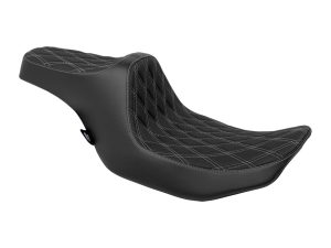 Comfortable black motorcycle seat with diamond stitching for cruiser bikes.