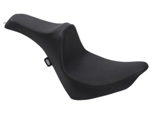 Comfortable motorcycle seat for Harley Davidson touring models, black leather, durable and ergonomic.