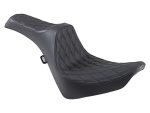 Luxury black motorcycle seat with quilted stitching for Revelry Motorcycles enthusiasts.