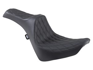 Luxury black motorcycle seat with quilted stitching for Revelry Motorcycles enthusiasts.