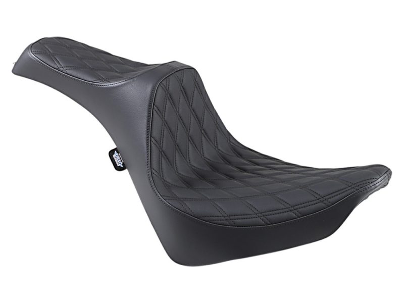 Predator 3 Dual Seat with Black Double Diamond Lattice Stitch. Fits Softail Deluxe Luxury black motorcycle seat with quilted stitching for Revelry Motorcycles enthusiasts.