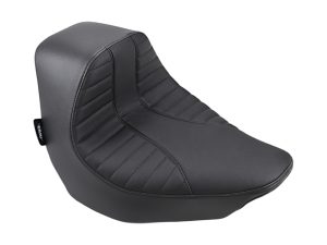 Black motorcycle passenger seat with leather finish, designed for comfort and style.