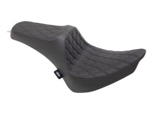High-quality black motorcycle seat with quilted stitching for Harley Davidson and cruiser bikes.