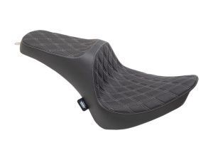 Comfortable black motorcycle seat with quilted stitching for cruiser bikes.